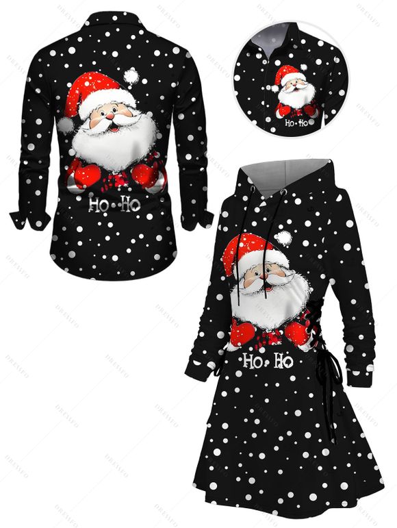 Christmas Couple Outfit Polka Dots Santa Claus Print Hoodie Dress and Shirt Set - Noir S | US 4