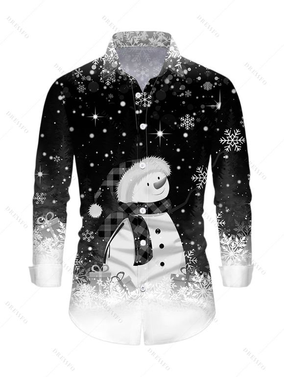 Chemise de Noël pour homme à manches longues, imprimé bonhomme de neige et flocons de neige, colorblock - Noir 5XL