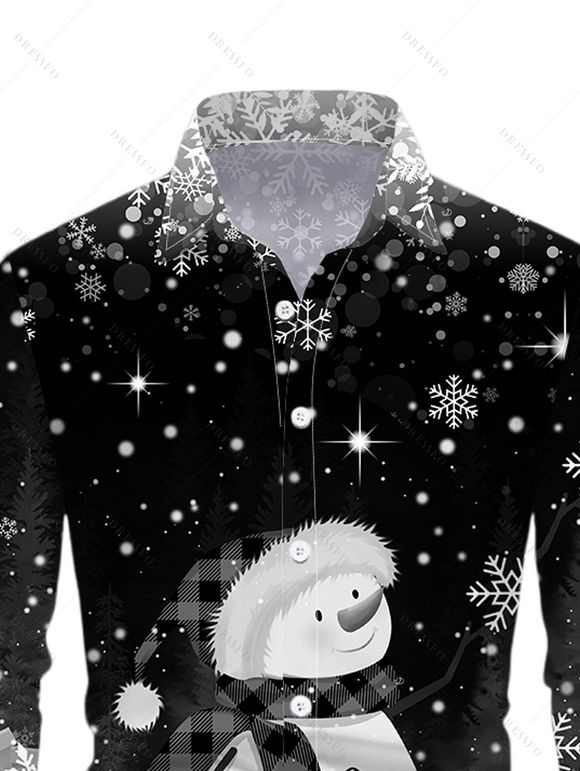 Chemise de Noël pour homme à manches longues, imprimé bonhomme de neige et flocons de neige, colorblock - Noir 5XL