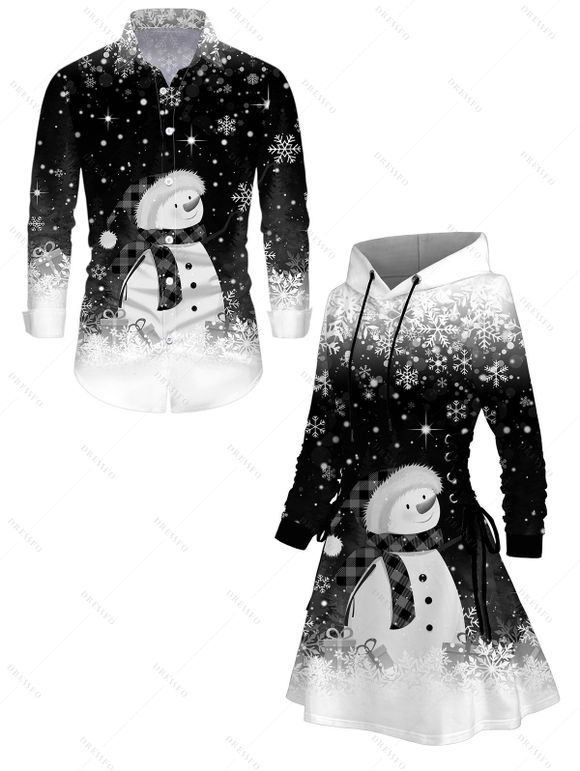 Christmas Couple Outfit Snowman Snowflake Print Hoodie Dress and Shirt Set - Noir S | US 4