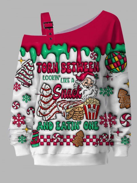 Skew Neck Sweatshirt Christmas Tree Letter Santa Claus Print Buckle Sweatshirt