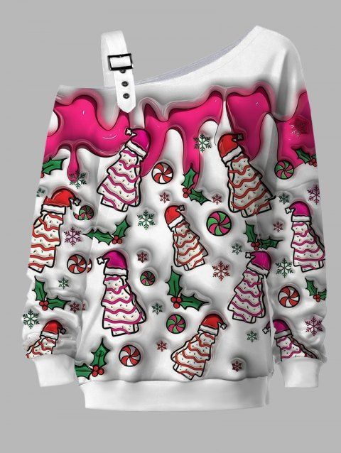 Skew Neck Sweatshirt Christmas Tree Hat Printed Buckle Strap Sweatshirt