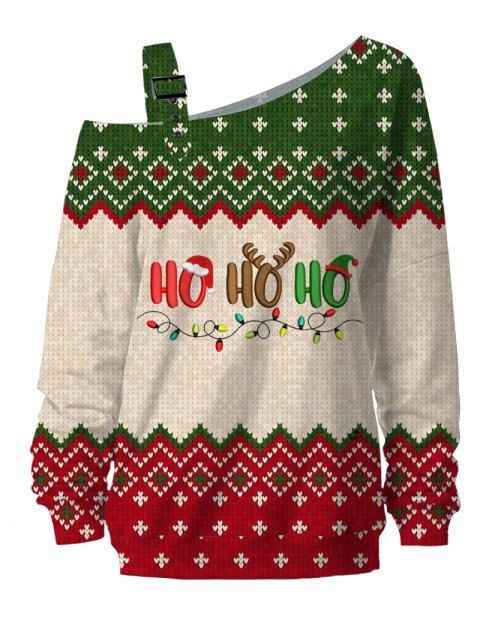 Christmas Sweatshirt Colorblock Snowflake Zig Zag Letter Print Buckle Sweatshirt