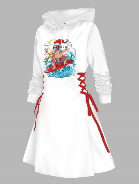 Robe sweat à capuche de Noël imprimée Père Noël surfeur, robe à capuche lacée