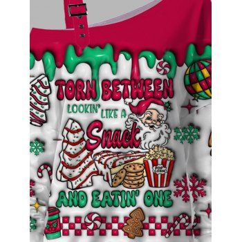 Skew Neck Sweatshirt Christmas Tree Letter Santa Claus Print Buckle Sweatshirt