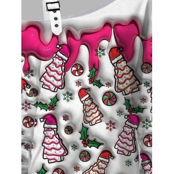 Skew Neck Sweatshirt Christmas Tree Hat Printed Buckle Strap Sweatshirt