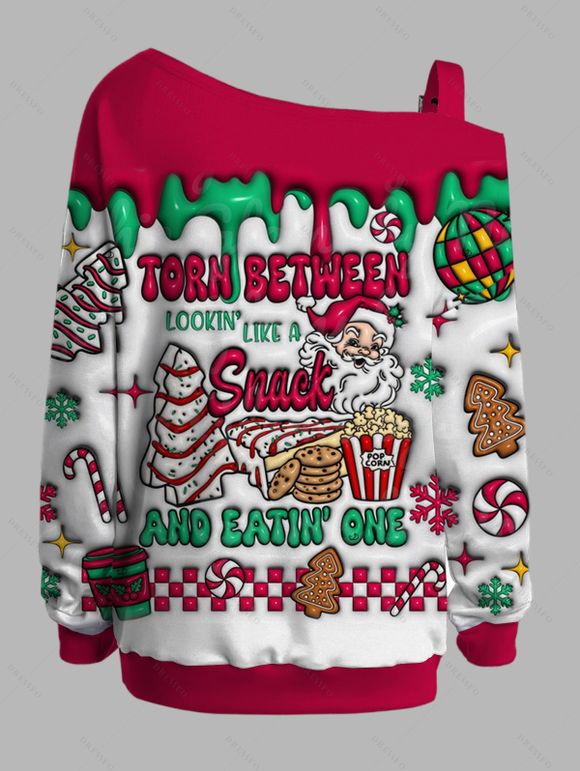 Sweat-shirt à col asymétrique avec imprimé sapin de Noël, lettres et Père Noël, et boucle. - Rouge Rose XXXXXL | US 20