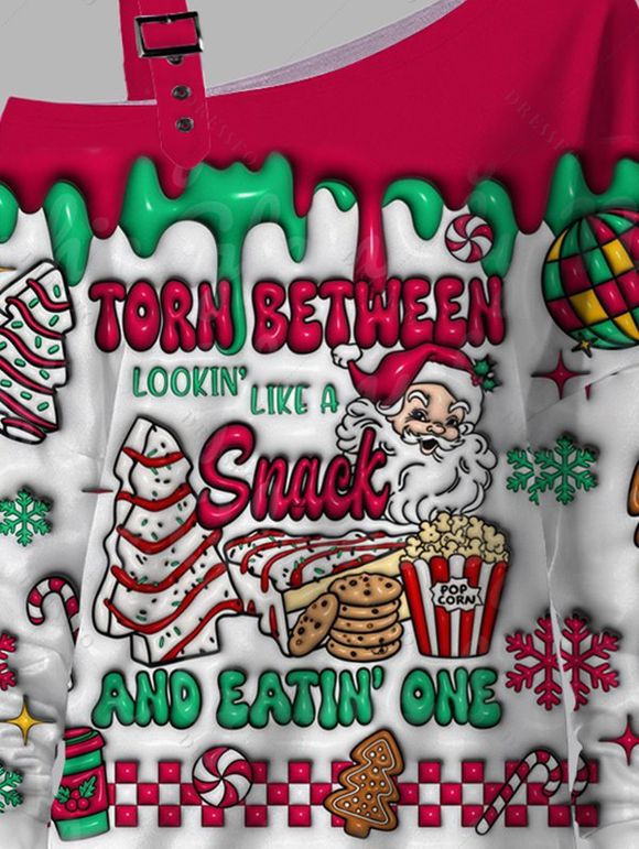 Sweat-shirt à col asymétrique avec imprimé sapin de Noël, lettres et Père Noël, et boucle. - Rouge Rose XXXXXL | US 20