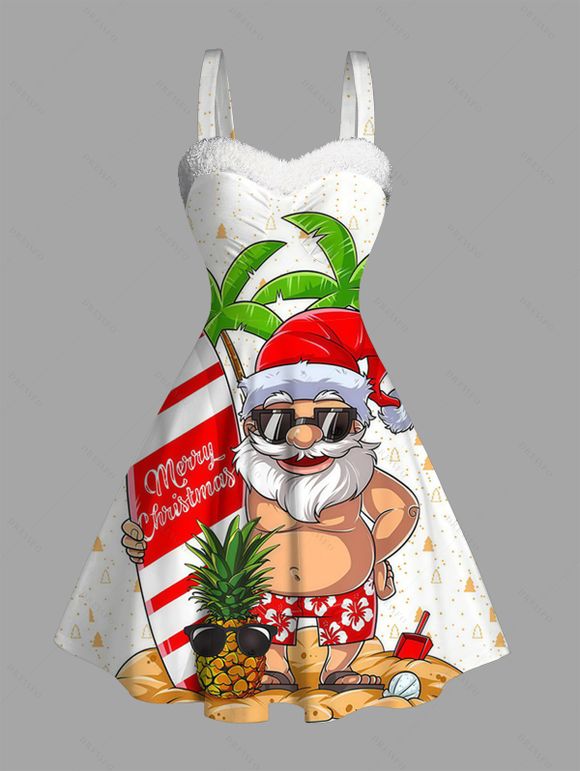 Robe de Noël Père Noël Lettre Planche de surf Imprimé plage Robe en fausse fourrure - Blanc XXXXXL | US 20
