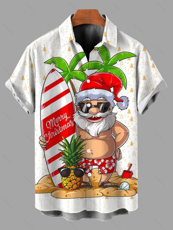 Chemise de Noël pour homme avec imprimé Père Noël, lettre, planche de surf et plage - Blanc 5XL