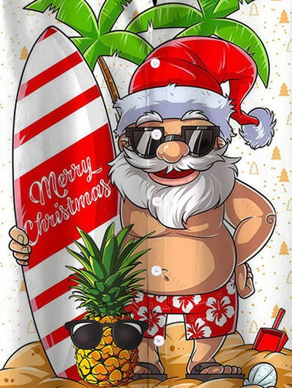 Chemise de Noël pour homme avec imprimé Père Noël, lettre, planche de surf et plage - Blanc 5XL