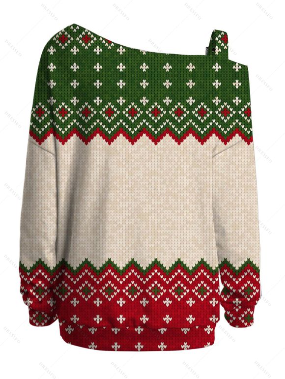 Sweat-shirt de Noël à blocs de couleurs, imprimé flocons de neige en zigzag et lettres avec boucle - multicolor XXXXXL | US 20