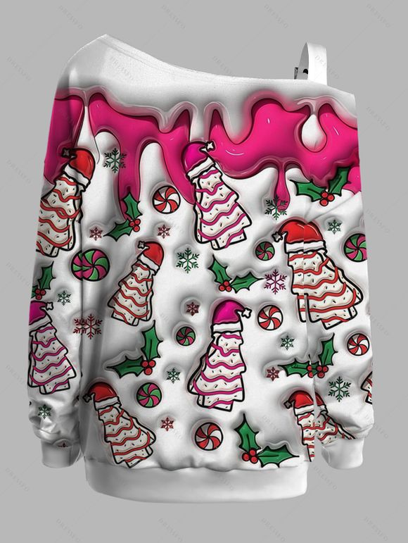 Sweat-shirt à col asymétrique, bonnet de Noël imprimé, sweat-shirt à boucle - Rouge Rose XXXXXL | US 20