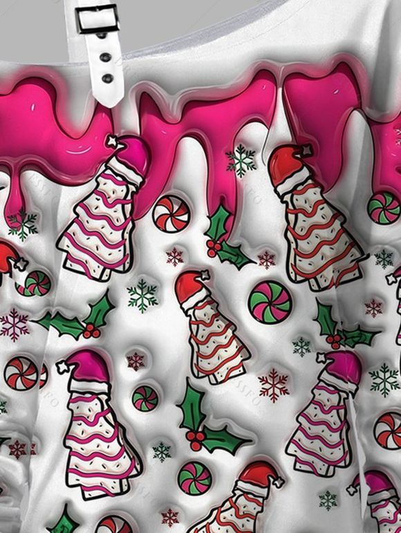 Sweat-shirt à col asymétrique, bonnet de Noël imprimé, sweat-shirt à boucle - Rouge Rose XXXXXL | US 20