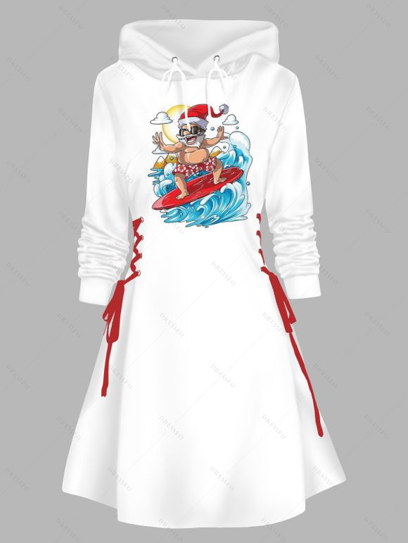 Robe sweat à capuche de Noël imprimée Père Noël surfeur, robe à capuche lacée - Blanc XXL | US 14