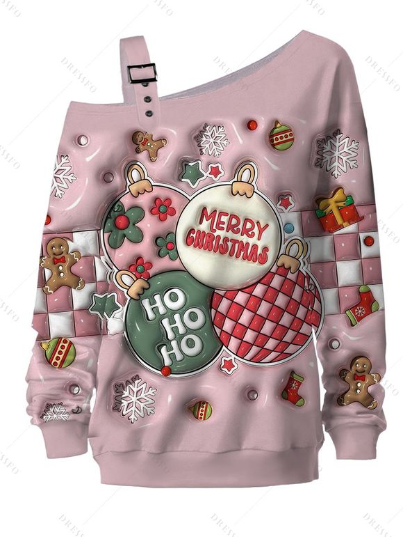 Sweat-shirt de Noël à imprimé flocons de neige et lettres cloche, fermeture à boucle - Rose clair XXXXXL | US 20