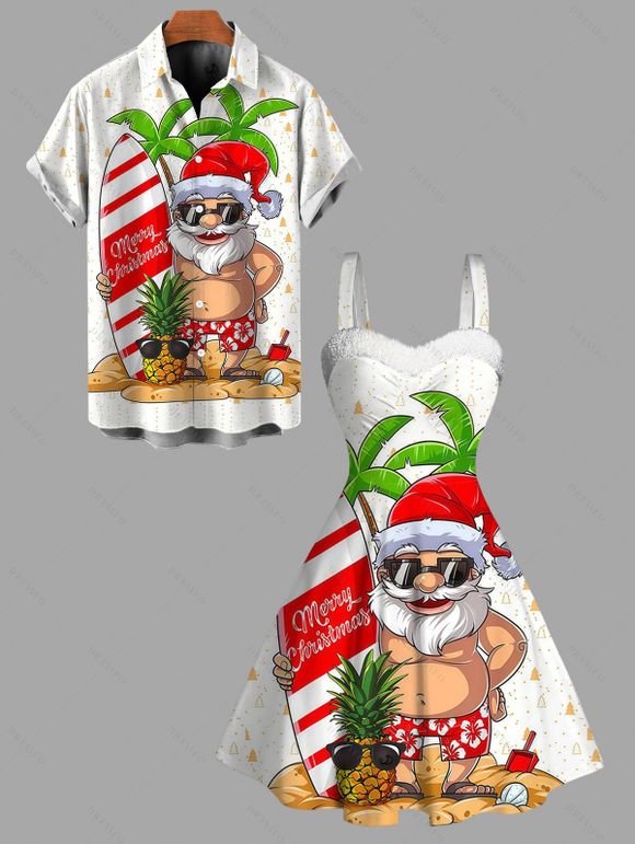 Christmas Couple Outfit Santa Claus Surfing Board Print Faux Fur Dress and Shirt Set - Blanc S | US 4