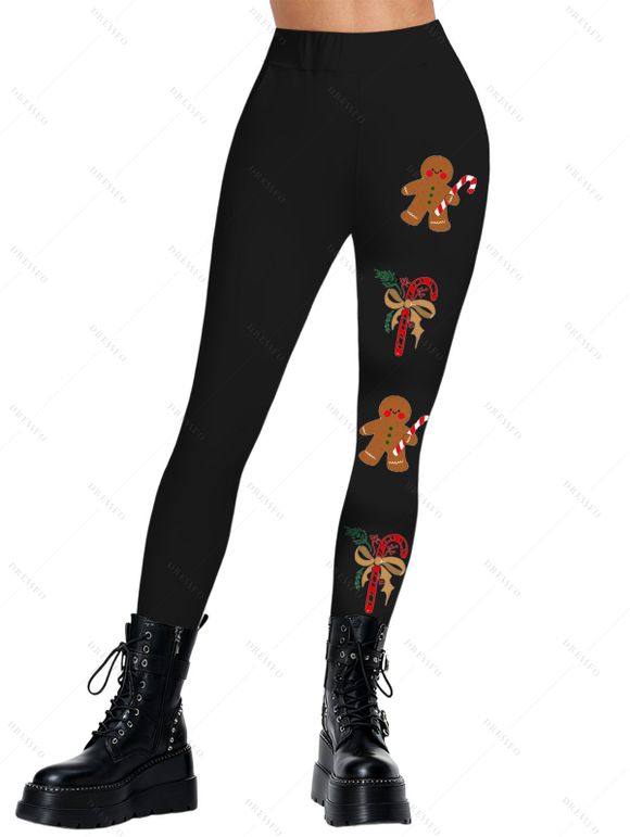 Leggings de Noël imprimé bonhomme en pain d'épice et canne à sucre - Noir XXL | US 14