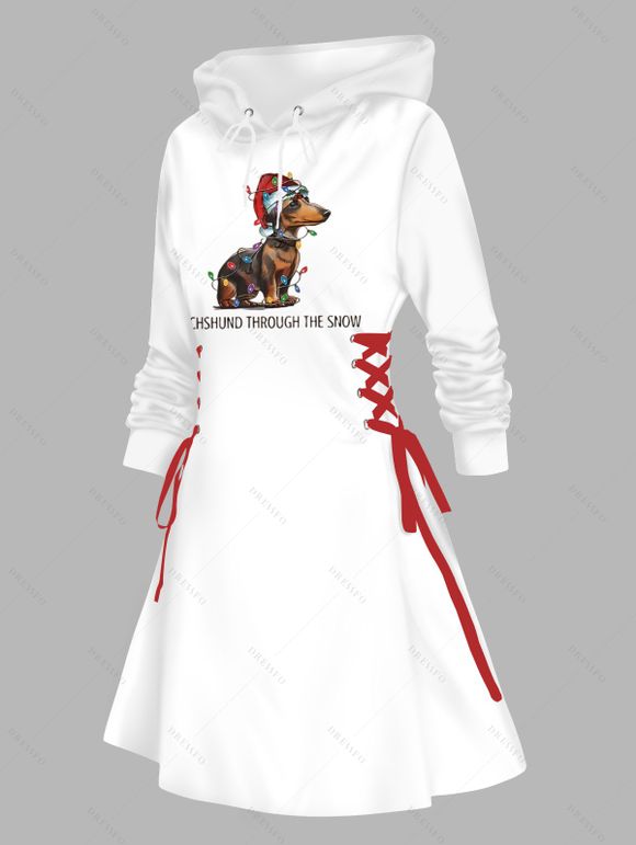 Robe sweat à capuche de Noël avec imprimé chien éclair chaînes lettres et laçage - Blanc XXL | US 14
