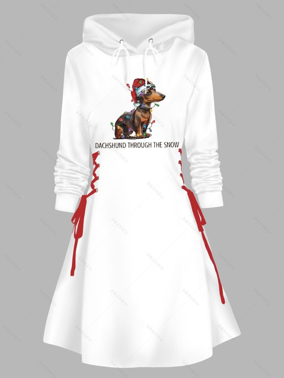 Robe sweat à capuche de Noël avec imprimé chien éclair chaînes lettres et laçage - Blanc XXL | US 14