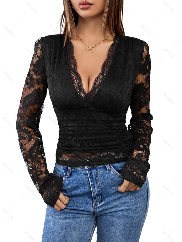 Haut uni à empiècement en dentelle transparente et décolleté plongeant festonné - Noir XL | US 12