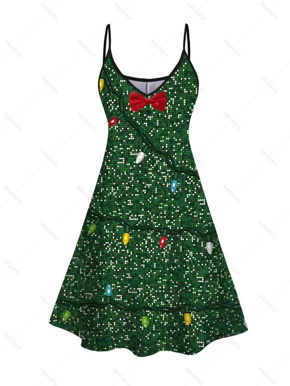 Robe de Noël imprimée à bretelles spaghetti et nœud papillon, ornée de chaînes éclair - Vert profond XXXXXL | US 20