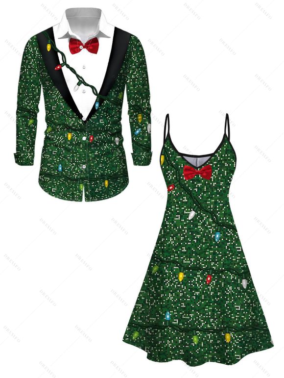 Christmas Couple Outfit Lightning Chains Bowknot Printed Dress and Shirt Set - Vert profond S | US 4