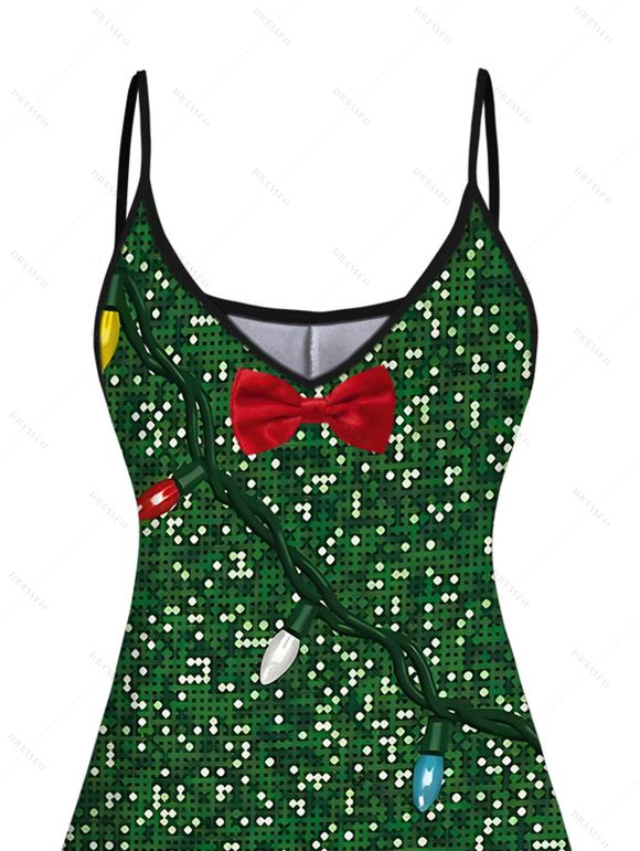 Robe de Noël imprimée à bretelles spaghetti et nœud papillon, ornée de chaînes éclair - Vert profond XXXXXL | US 20