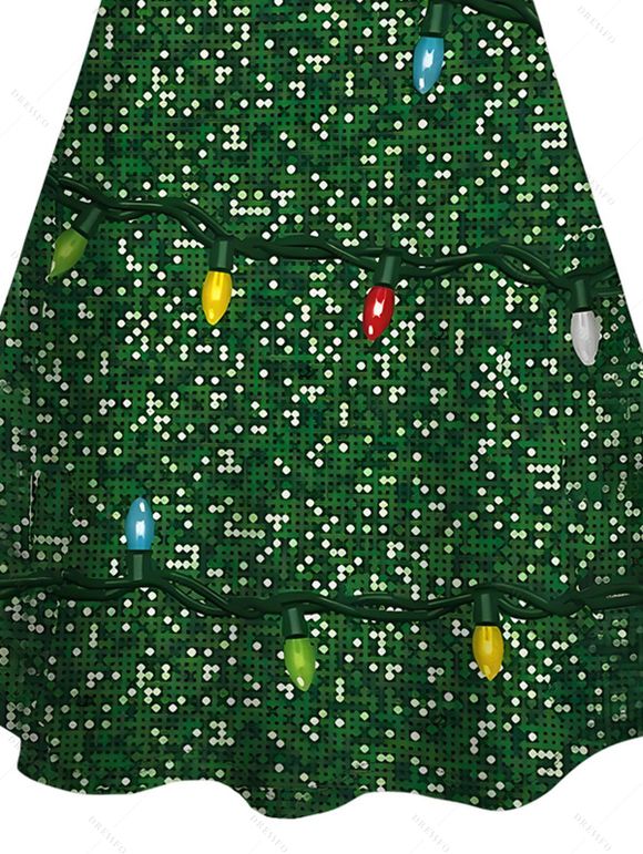 Robe de Noël imprimée à bretelles spaghetti et nœud papillon, ornée de chaînes éclair - Vert profond XXXXXL | US 20