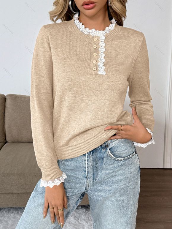 Pull chiné à manches longues et empiècements en dentelle - café lumière XL | US 12