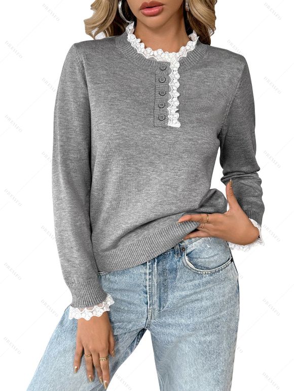 Pull chiné à manches longues et empiècements en dentelle - Gris Clair XL | US 12