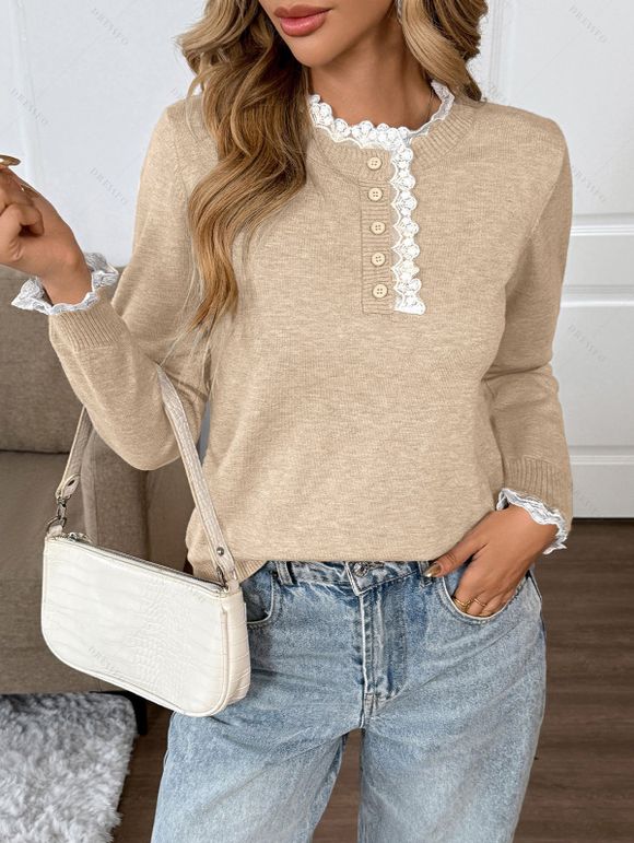 Pull chiné à manches longues et empiècements en dentelle - café lumière XL | US 12