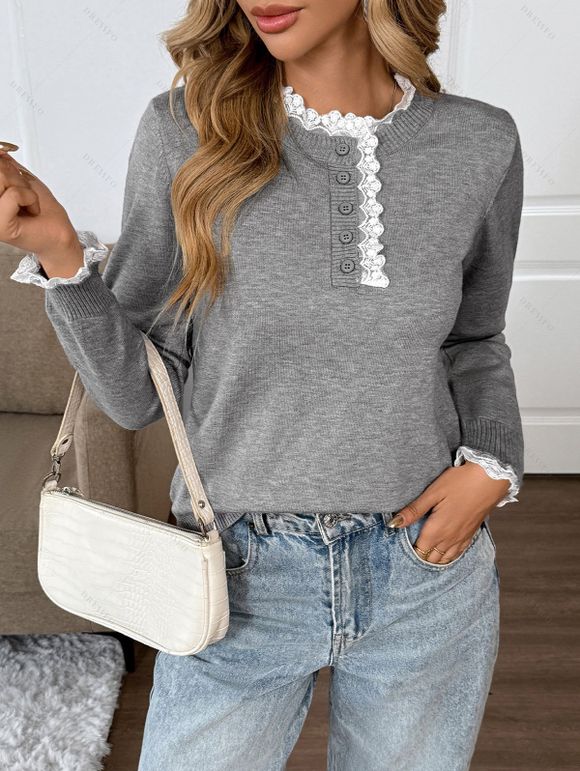Pull chiné à manches longues et empiècements en dentelle - Gris Clair XL | US 12