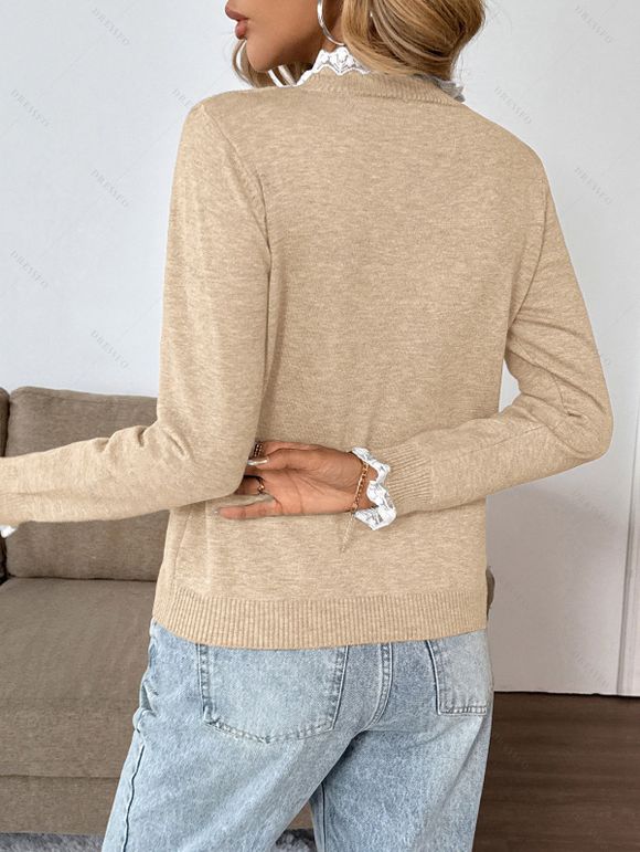 Pull chiné à manches longues et empiècements en dentelle - café lumière XL | US 12