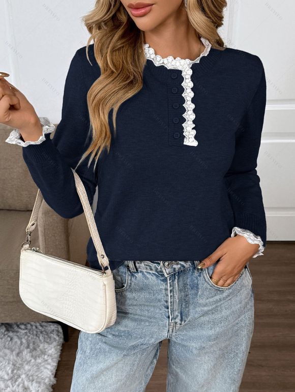 Pull chiné à manches longues et empiècements en dentelle - Bleu de Minuit XL | US 12