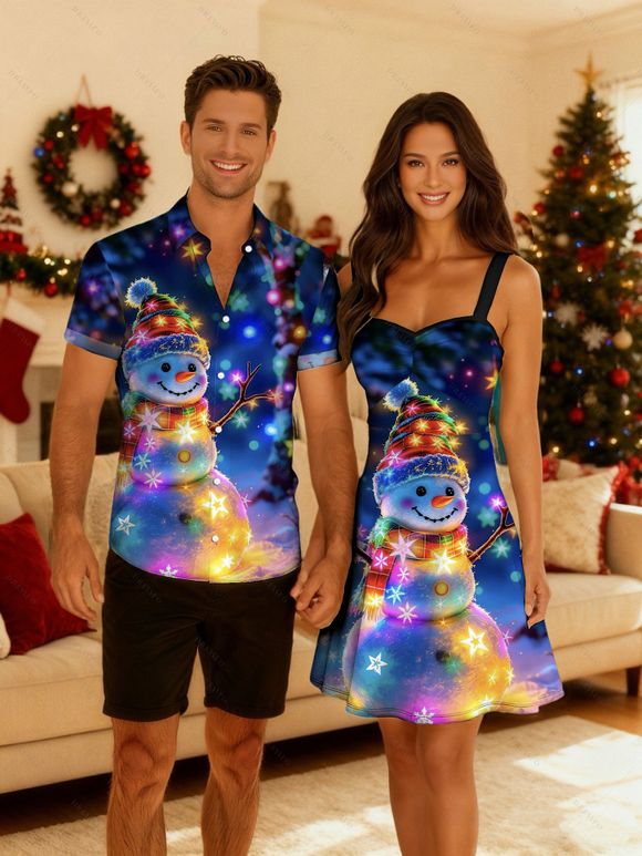 Christmas Couple Outfit Snowman Colored Snowflake Print Dress and Shirt Set - MIDNIGHT BLUE S | US 4
