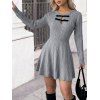 Robe unie en maille torsadée à manches longues et nœud papillon, mini-robe - Gris Clair L | US 8-10