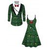 Christmas Couple Outfit Lightning Chains Bowknot Printed Dress and Shirt Set - Vert profond S | US 4