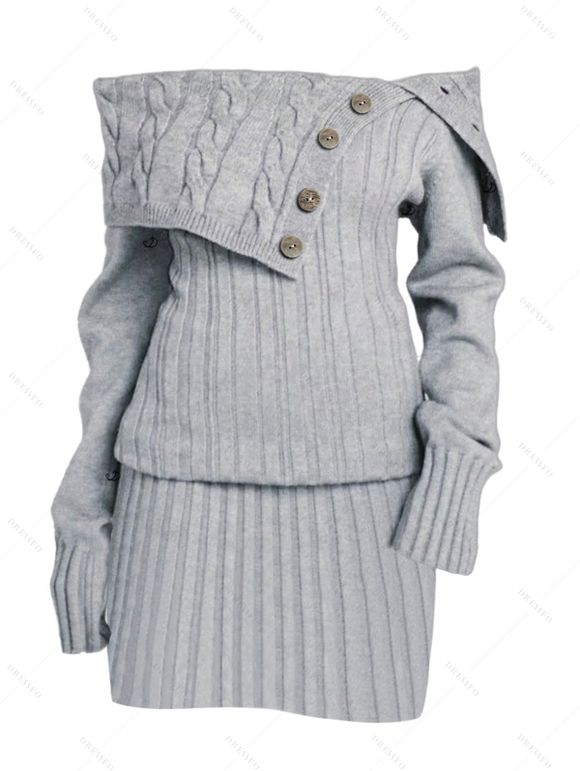 Robe pull en maille torsadée de couleur unie, robe à épaules dénudées et boutons factices - Gris L | US 8-10