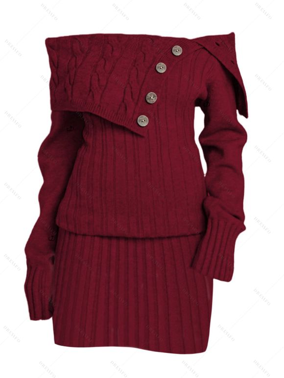 Robe pull en maille torsadée de couleur unie, robe à épaules dénudées et boutons factices - Rouge Vineux XXL | US 14
