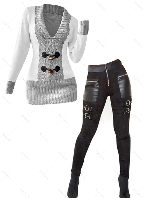 Winter Outfit Mock Horn Button Sweater and Buckle Leggings Set - Gris Clair S | US 4