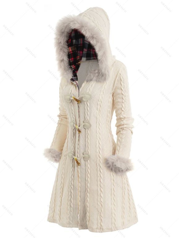 Winter Women Outfit Plaid Horn Faux Fur Hooded Coat Leggings and Boots Set - Beige S | US 4