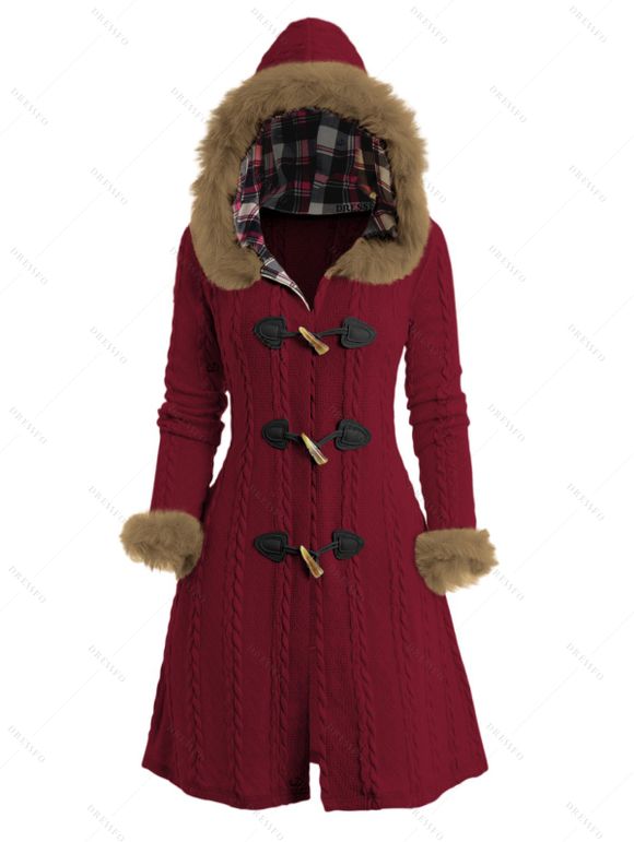 Winter Women Outfit Plaid Horn Faux Fur Hooded Coat Leggings and Boots Set - Rouge Vineux S | US 4