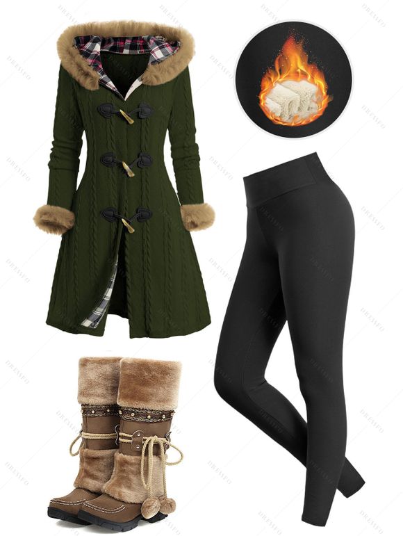 Winter Women Outfit Plaid Horn Faux Fur Hooded Coat Leggings and Boots Set - Vert Armée S | US 4