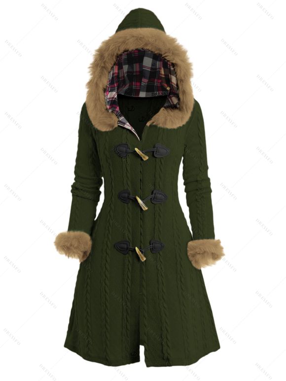 Winter Women Outfit Plaid Horn Faux Fur Hooded Coat Leggings and Boots Set - Vert Armée S | US 4