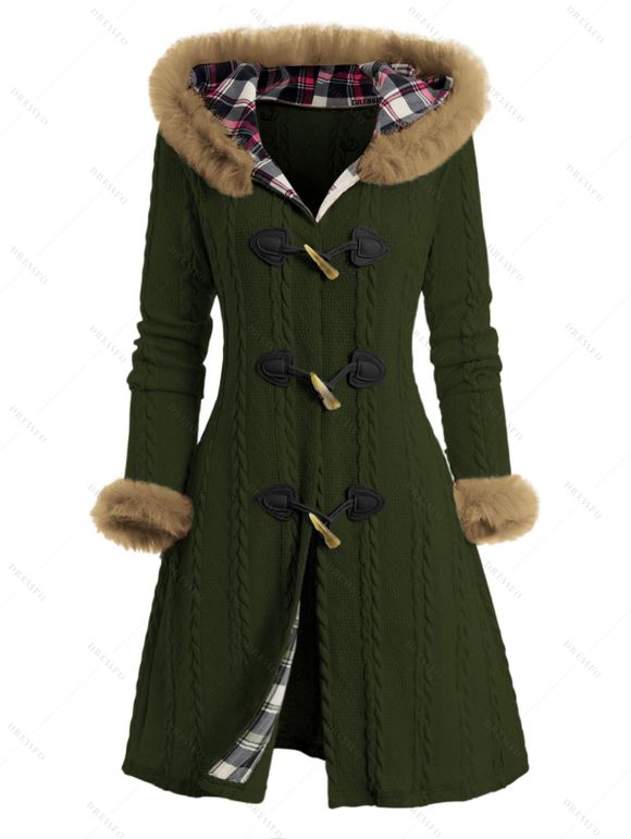 Winter Women Outfit Plaid Horn Faux Fur Hooded Coat Leggings and Boots Set - Vert Armée S | US 4