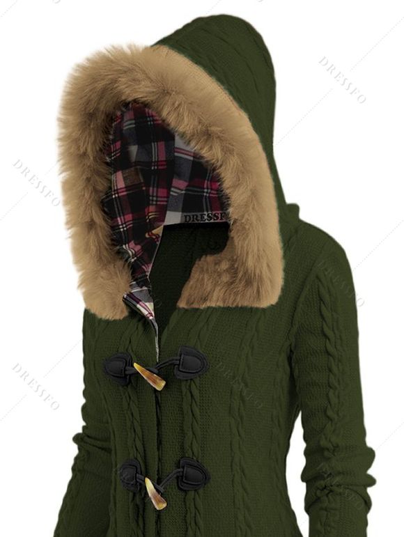 Winter Women Outfit Plaid Horn Faux Fur Hooded Coat Leggings and Boots Set - Vert Armée S | US 4
