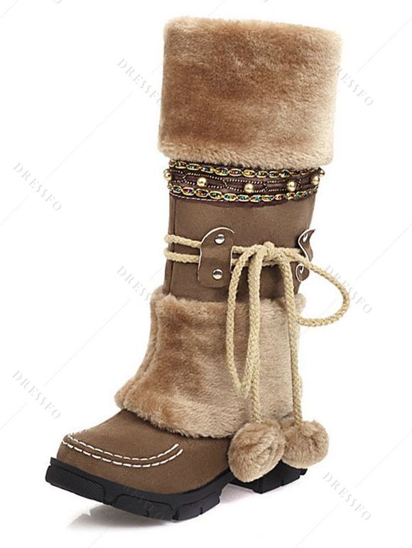 Winter Women Outfit Plaid Horn Faux Fur Hooded Coat Leggings and Boots Set - Vert Armée S | US 4