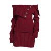 Robe pull en maille torsadée de couleur unie, robe à épaules dénudées et boutons factices - Rouge Vineux XXL | US 14