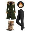 Winter Women Outfit Plaid Horn Faux Fur Hooded Coat Leggings and Boots Set - Vert Armée S | US 4